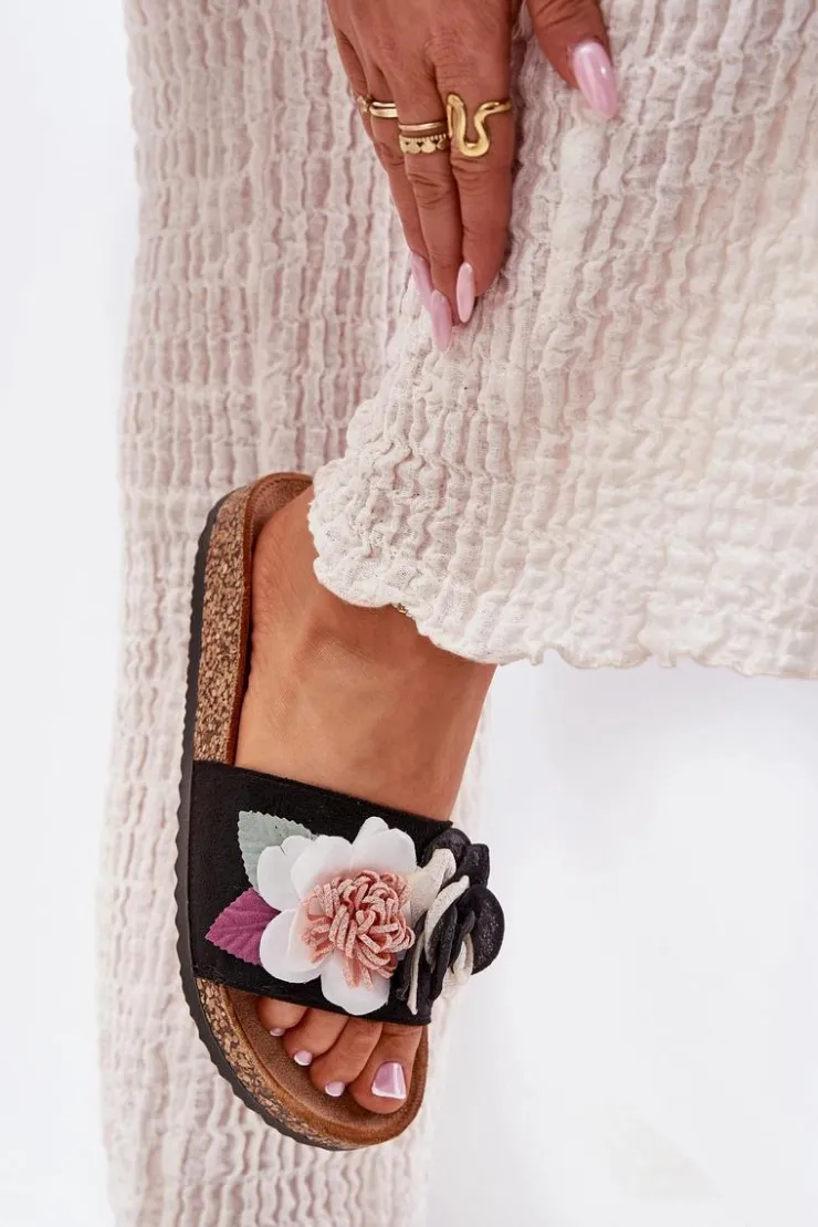 Damskie Boto Klapki Damskie Z Kwiatkami Na Korkowej Platformie Czarne Zinrosa