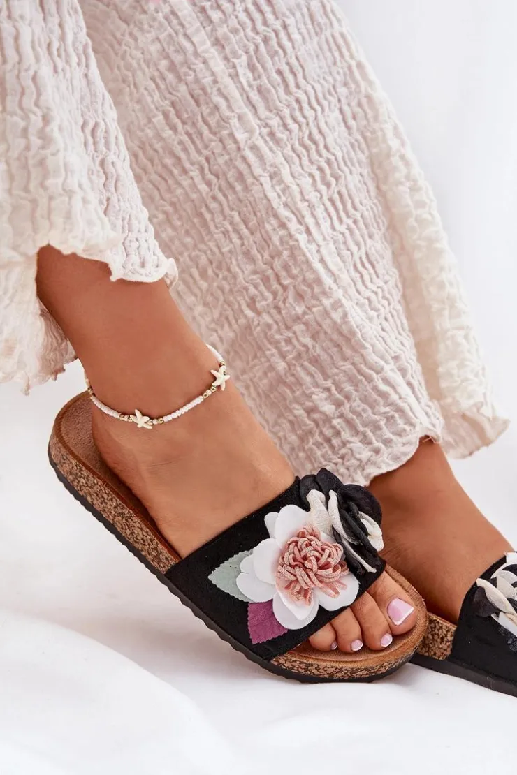 Damskie Boto Klapki Damskie Z Kwiatkami Na Korkowej Platformie Czarne Zinrosa