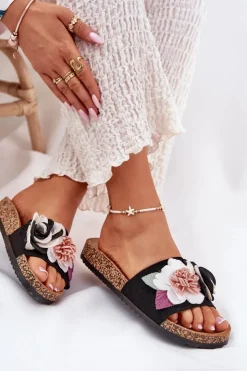 Damskie Boto Klapki Damskie Z Kwiatkami Na Korkowej Platformie Czarne Zinrosa