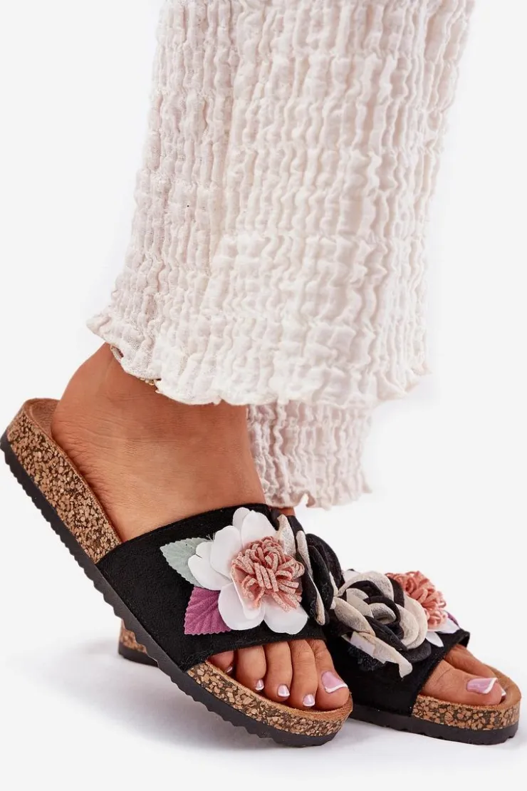 Damskie Boto Klapki Damskie Z Kwiatkami Na Korkowej Platformie Czarne Zinrosa
