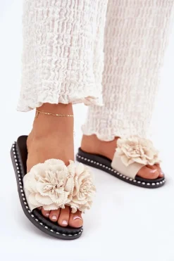 Hot Boto Klapki Damskie Z Materiałowymi Kwiatami Beżowe Elachase