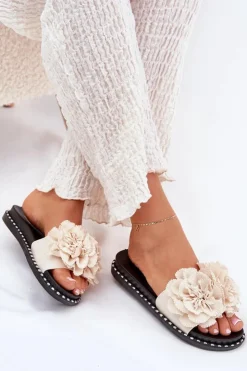 Hot Boto Klapki Damskie Z Materiałowymi Kwiatami Beżowe Elachase