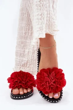 Online Boto Klapki Damskie Z Materiałowymi Kwiatami Czerwone Elachase