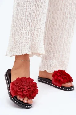 Online Boto Klapki Damskie Z Materiałowymi Kwiatami Czerwone Elachase