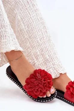 Online Boto Klapki Damskie Z Materiałowymi Kwiatami Czerwone Elachase