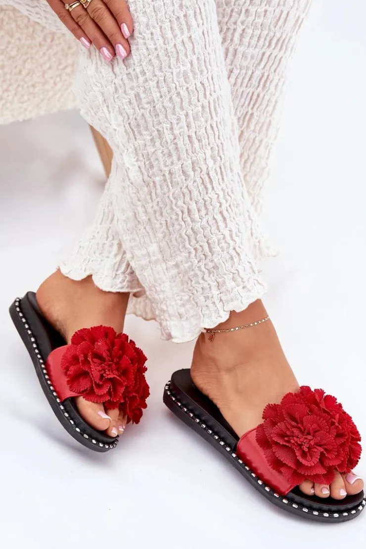 Online Boto Klapki Damskie Z Materiałowymi Kwiatami Czerwone Elachase