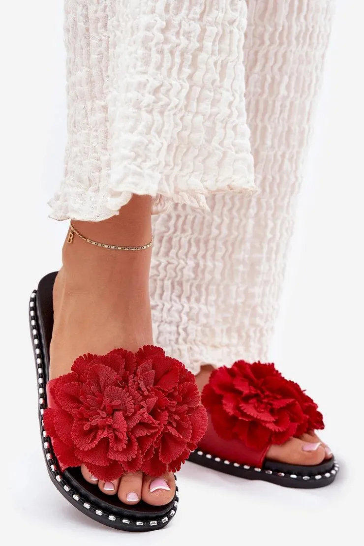 Online Boto Klapki Damskie Z Materiałowymi Kwiatami Czerwone Elachase