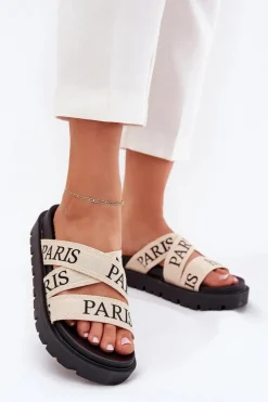 Damskie Boto Klapki Damskie Z Materiałowymi Paskami Paris Na Platformie Beżowe Celinea