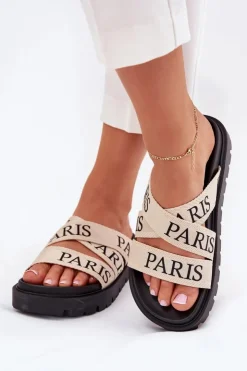 Damskie Boto Klapki Damskie Z Materiałowymi Paskami Paris Na Platformie Beżowe Celinea