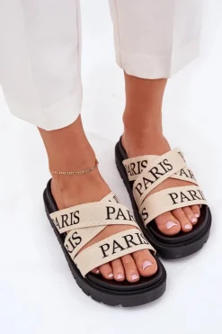 Damskie Boto Klapki Damskie Z Materiałowymi Paskami Paris Na Platformie Beżowe Celinea