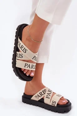 Damskie Boto Klapki Damskie Z Materiałowymi Paskami Paris Na Platformie Beżowe Celinea