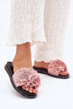 Damskie Boto Klapki Damskie Z Materiałowymi Kwiatami Różowe Elachase