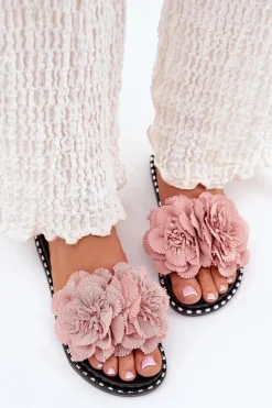 Damskie Boto Klapki Damskie Z Materiałowymi Kwiatami Różowe Elachase