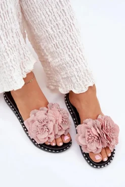 Damskie Boto Klapki Damskie Z Materiałowymi Kwiatami Różowe Elachase