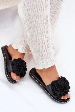 Damskie Boto Klapki Damskie Z Materiałowymi Kwiatami Czarne Elachase