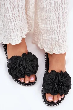 Damskie Boto Klapki Damskie Z Materiałowymi Kwiatami Czarne Elachase