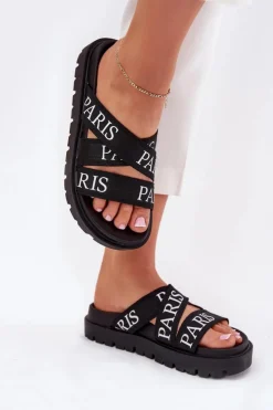 Boto Klapki Na Platformie|Klapki Damskie Klasyczne*Klapki Damskie Z Materiałowymi Paskami Paris Na Platformie Czarne Celinea Czarny