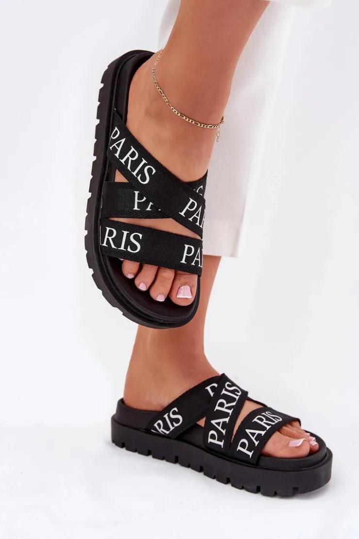 Boto Klapki Na Platformie|Klapki Damskie Klasyczne*Klapki Damskie Z Materiałowymi Paskami Paris Na Platformie Czarne Celinea Czarny
