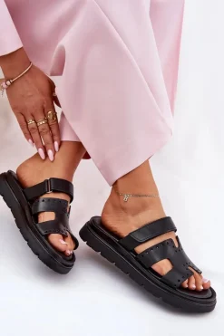 Clearance Zazoo Klapki Damskie Z Naturalnej Skóry Na Platformie 40440 Czarne Czarny