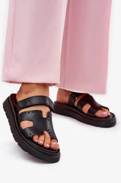 Clearance Zazoo Klapki Damskie Z Naturalnej Skóry Na Platformie 40440 Czarne Czarny