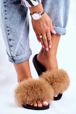 Boto Klapki Damskie z Naturalnym Futerkiem Camel Bushido