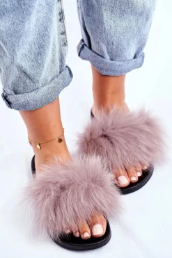 Damskie Boto Klapki Damskie z Naturalnym Futerkiem Jasno Szare Bushido