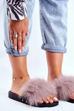 Damskie Boto Klapki Damskie z Naturalnym Futerkiem Jasno Szare Bushido