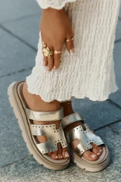 Zazoo Klapki Damskie Klasyczne*Klapki Damskie Z Naturalnej Skóry Na Platformie 40440 Złote Złoty