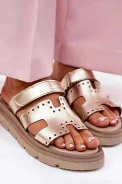 Zazoo Klapki Damskie Klasyczne*Klapki Damskie Z Naturalnej Skóry Na Platformie 40440 Złote Złoty