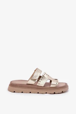 Zazoo Klapki Damskie Klasyczne*Klapki Damskie Z Naturalnej Skóry Na Platformie 40440 Złote Złoty