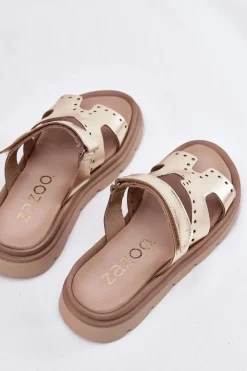 Zazoo Klapki Damskie Klasyczne*Klapki Damskie Z Naturalnej Skóry Na Platformie 40440 Złote Złoty