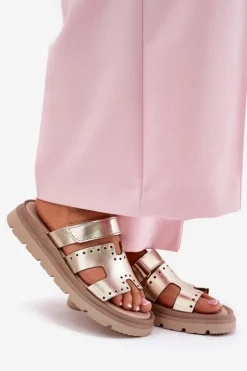 Zazoo Klapki Damskie Klasyczne*Klapki Damskie Z Naturalnej Skóry Na Platformie 40440 Złote Złoty