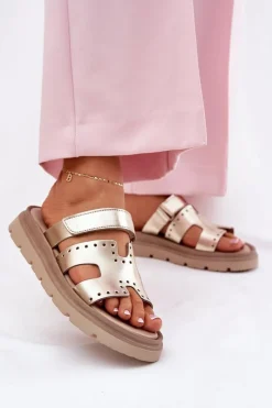 Zazoo Klapki Damskie Klasyczne*Klapki Damskie Z Naturalnej Skóry Na Platformie 40440 Złote Złoty