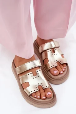 Zazoo Klapki Damskie Klasyczne*Klapki Damskie Z Naturalnej Skóry Na Platformie 40440 Złote Złoty