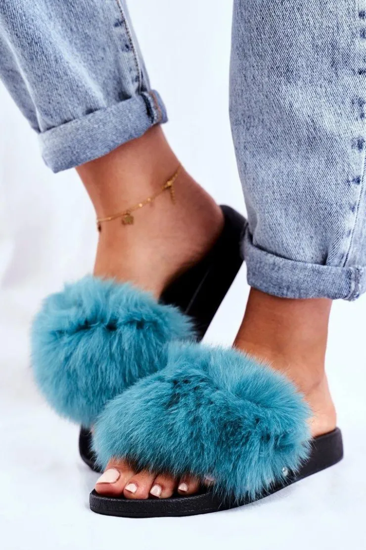 Boto Klapki Z Futerkiem|Klapki Damskie Klasyczne*Klapki Damskie z Naturalnym Futerkiem Zielone Bushido