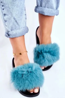 Boto Klapki Z Futerkiem|Klapki Damskie Klasyczne*Klapki Damskie z Naturalnym Futerkiem Zielone Bushido