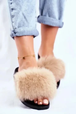 Boto Klapki Z Futerkiem|Klapki Damskie Klasyczne*Klapki Damskie z Naturalnym Futerkiem Beżowe Bushido