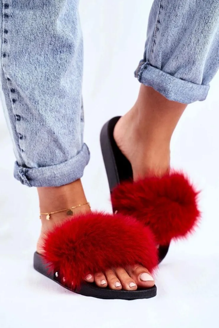 Boto Klapki Z Futerkiem|Klapki Damskie Klasyczne*Klapki Damskie z Naturalnym Futerkiem Czerwone Bushido