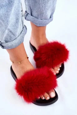 Boto Klapki Z Futerkiem|Klapki Damskie Klasyczne*Klapki Damskie z Naturalnym Futerkiem Czerwone Bushido