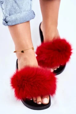 Boto Klapki Z Futerkiem|Klapki Damskie Klasyczne*Klapki Damskie z Naturalnym Futerkiem Czerwone Bushido