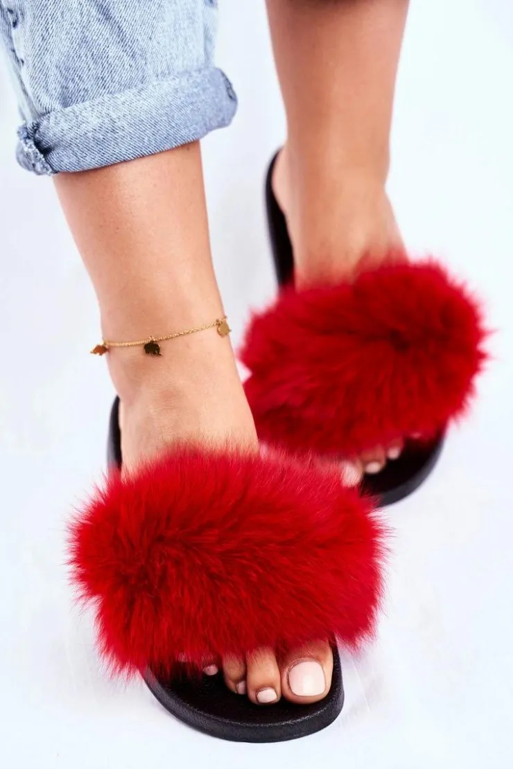 Boto Klapki Z Futerkiem|Klapki Damskie Klasyczne*Klapki Damskie z Naturalnym Futerkiem Czerwone Bushido