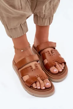 Damskie Zazoo Klapki Damskie Z Naturalnej Skóry Na Platformie 40440 Brązowe