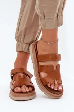 Damskie Zazoo Klapki Damskie Z Naturalnej Skóry Na Platformie 40440 Brązowe