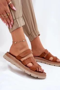 Damskie Zazoo Klapki Damskie Z Naturalnej Skóry Na Platformie 40440 Brązowe