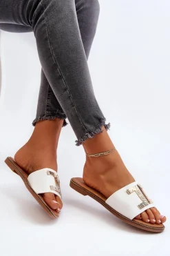 Boto Klapki Damskie Z Ozdobą Białe Ollavia