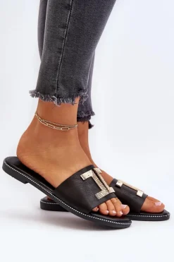 Damskie Boto Klapki Damskie Z Ozdobą Czarne Ollavia