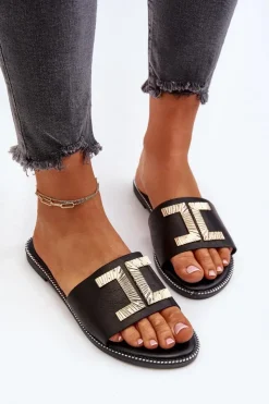 Damskie Boto Klapki Damskie Z Ozdobą Czarne Ollavia