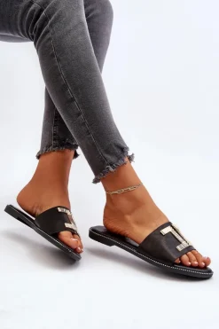 Damskie Boto Klapki Damskie Z Ozdobą Czarne Ollavia