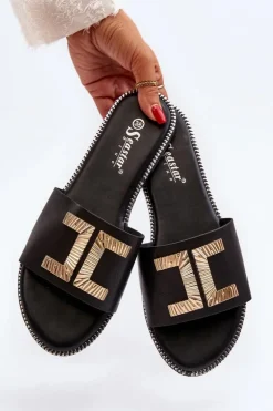 Damskie Boto Klapki Damskie Z Ozdobą Czarne Ollavia