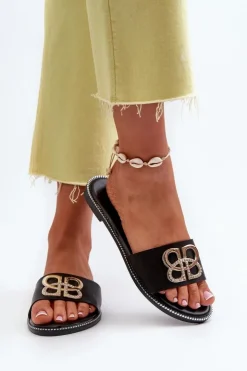 Damskie Boto Klapki Damskie Z Ozdobą Eko Skórzane Na Płaskim Obcasie Czarne Sadria